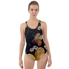 Embroidery Blossoming Lemons Butterfly Seamless Pattern Cut-out Back One Piece Swimsuit