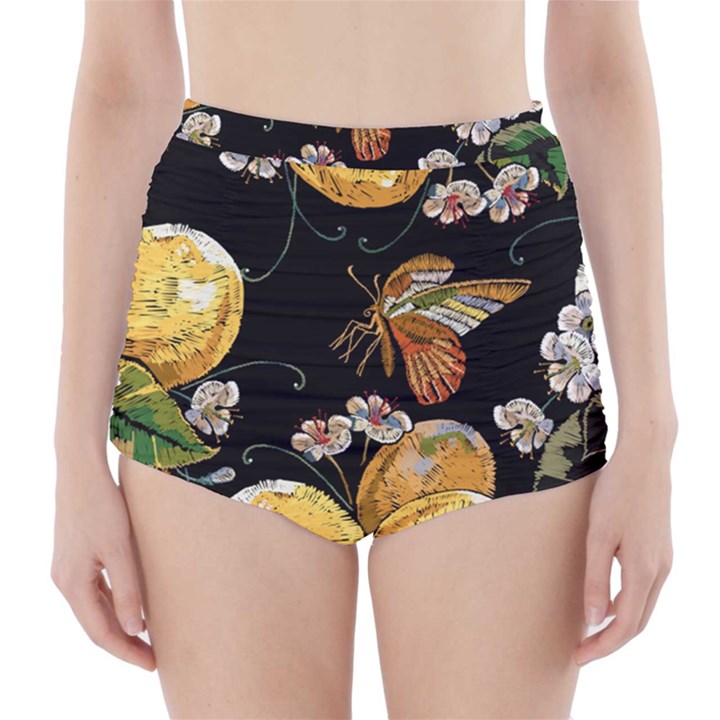 Embroidery blossoming lemons butterfly seamless pattern High-Waisted Bikini Bottoms