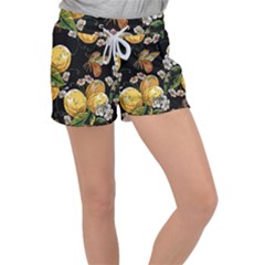 Embroidery Blossoming Lemons Butterfly Seamless Pattern Velour Lounge Shorts