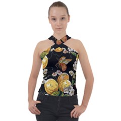 Embroidery Blossoming Lemons Butterfly Seamless Pattern Cross Neck Velour Top by BangZart