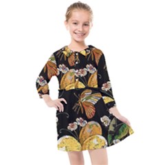 Embroidery Blossoming Lemons Butterfly Seamless Pattern Kids  Quarter Sleeve Shirt Dress by BangZart