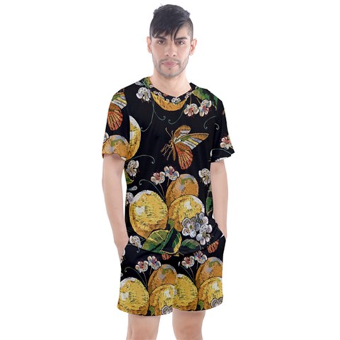 Embroidery Blossoming Lemons Butterfly Seamless Pattern Men s Mesh Tee And Shorts Set by BangZart