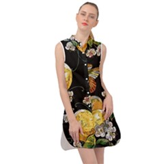 Embroidery Blossoming Lemons Butterfly Seamless Pattern Sleeveless Shirt Dress