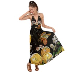 Embroidery Blossoming Lemons Butterfly Seamless Pattern Backless Maxi Beach Dress by BangZart