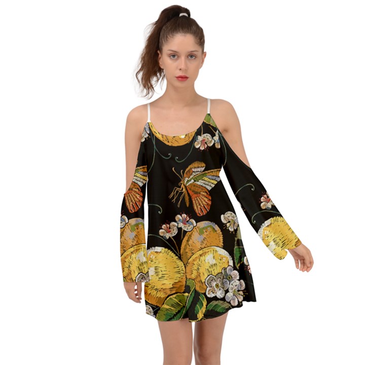 Embroidery blossoming lemons butterfly seamless pattern Kimono Sleeves Boho Dress