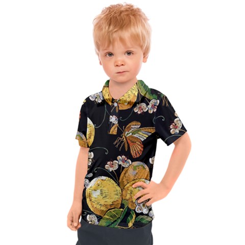 Embroidery Blossoming Lemons Butterfly Seamless Pattern Kids  Polo Tee by BangZart