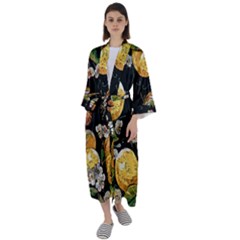 Embroidery Blossoming Lemons Butterfly Seamless Pattern Maxi Satin Kimono by BangZart