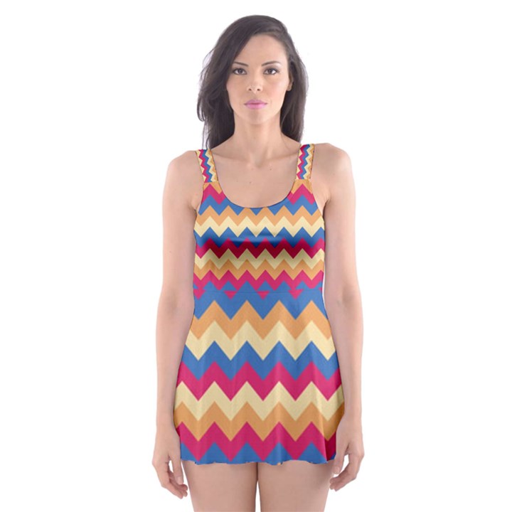 Zigzag pattern seamless zig zag background color Skater Dress Swimsuit