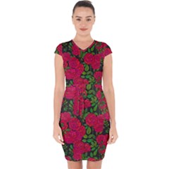 Seamless Pattern With Colorful Bush Roses Capsleeve Drawstring Dress 