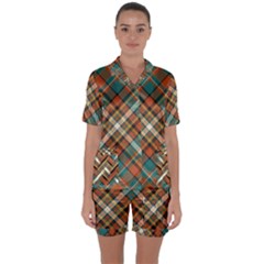 Tartan Scotland Seamless Plaid Pattern Vector Retro Background Fabric Vintage Check Color Square Satin Short Sleeve Pyjamas Set