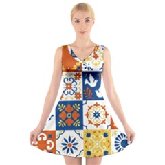 Mexican Talavera Pattern Ceramic Tiles With Flower Leaves Bird Ornaments Traditional Majolica Style V-neck Sleeveless Dress