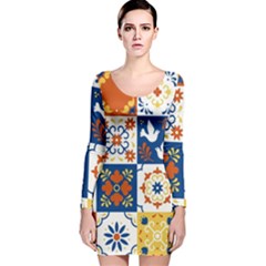 Mexican Talavera Pattern Ceramic Tiles With Flower Leaves Bird Ornaments Traditional Majolica Style Long Sleeve Velvet Bodycon Dress