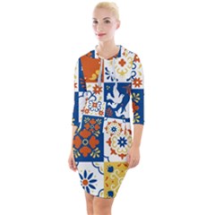 Mexican Talavera Pattern Ceramic Tiles With Flower Leaves Bird Ornaments Traditional Majolica Style Quarter Sleeve Hood Bodycon Dress by BangZart