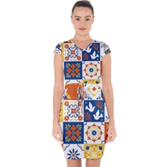 Mexican Talavera Pattern Ceramic Tiles With Flower Leaves Bird Ornaments Traditional Majolica Style Capsleeve Drawstring Dress 