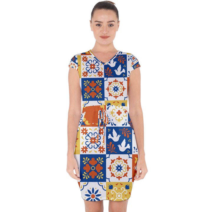 Mexican talavera pattern ceramic tiles with flower leaves bird ornaments traditional majolica style Capsleeve Drawstring Dress 