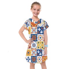 Mexican Talavera Pattern Ceramic Tiles With Flower Leaves Bird Ornaments Traditional Majolica Style Kids  Drop Waist Dress