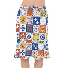 Mexican Talavera Pattern Ceramic Tiles With Flower Leaves Bird Ornaments Traditional Majolica Style Short Mermaid Skirt