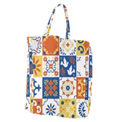 Mexican Talavera Pattern Ceramic Tiles With Flower Leaves Bird Ornaments Traditional Majolica Style Giant Grocery Tote