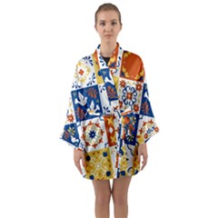 Mexican Talavera Pattern Ceramic Tiles With Flower Leaves Bird Ornaments Traditional Majolica Style Long Sleeve Satin Kimono