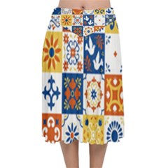 Mexican Talavera Pattern Ceramic Tiles With Flower Leaves Bird Ornaments Traditional Majolica Style Velvet Flared Midi Skirt