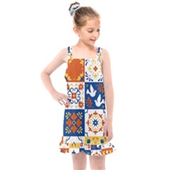 Mexican Talavera Pattern Ceramic Tiles With Flower Leaves Bird Ornaments Traditional Majolica Style Kids  Overall Dress by BangZart