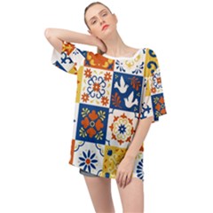 Mexican Talavera Pattern Ceramic Tiles With Flower Leaves Bird Ornaments Traditional Majolica Style Oversized Chiffon Top