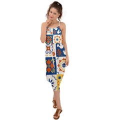 Mexican Talavera Pattern Ceramic Tiles With Flower Leaves Bird Ornaments Traditional Majolica Style Waist Tie Cover Up Chiffon Dress by BangZart