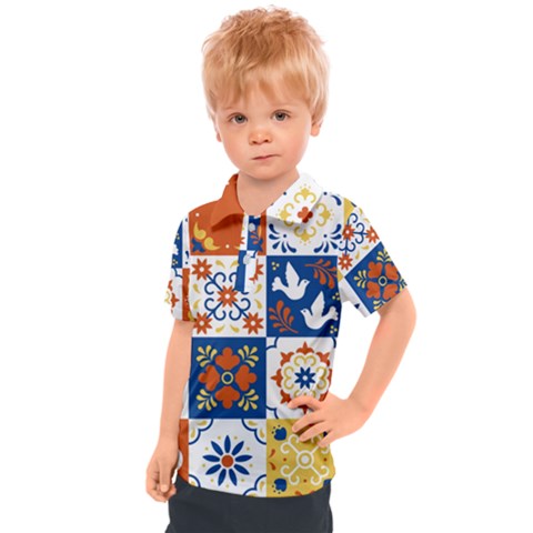 Mexican Talavera Pattern Ceramic Tiles With Flower Leaves Bird Ornaments Traditional Majolica Style Kids  Polo Tee by BangZart