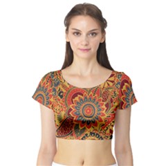 Bright Seamless Pattern With Paisley Elements Hand Drawn Wallpaper With Floral Traditional Short Sleeve Crop Top