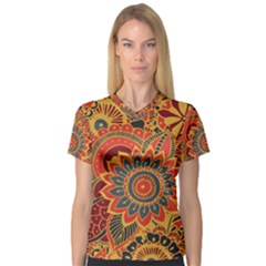 Bright Seamless Pattern With Paisley Elements Hand Drawn Wallpaper With Floral Traditional V-neck Sport Mesh Tee