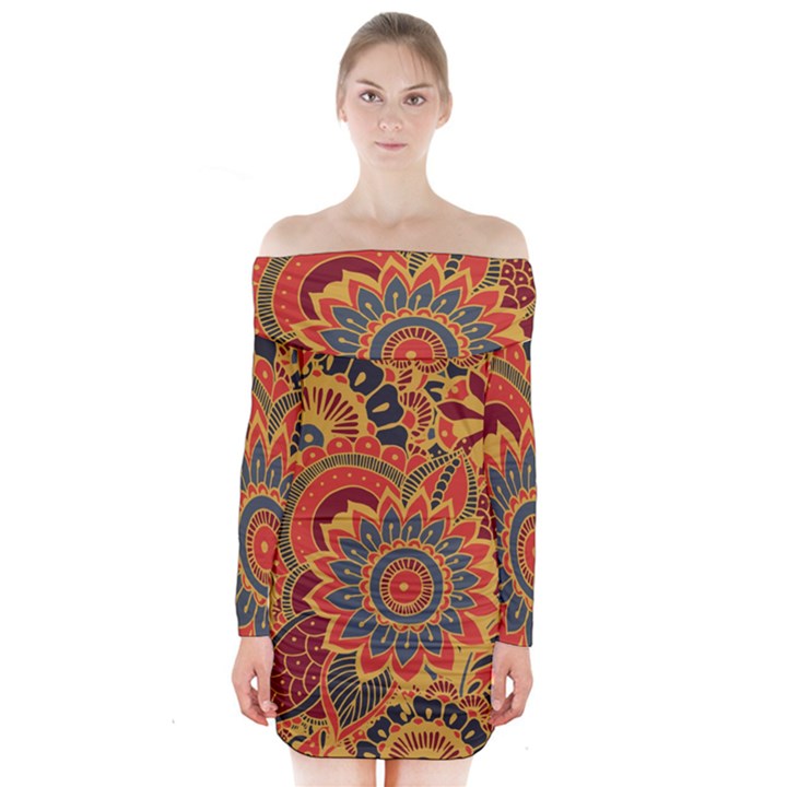 Bright seamless pattern with paisley elements hand drawn wallpaper with floral traditional Long Sleeve Off Shoulder Dress