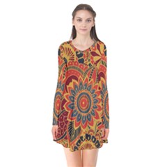 Bright Seamless Pattern With Paisley Elements Hand Drawn Wallpaper With Floral Traditional Long Sleeve V-neck Flare Dress