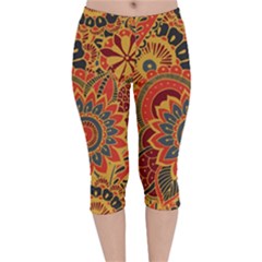 Bright Seamless Pattern With Paisley Elements Hand Drawn Wallpaper With Floral Traditional Velvet Capri Leggings 