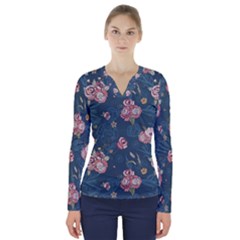 Vintage Flowers Pattern V-Neck Long Sleeve Top