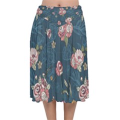 Vintage Flowers Pattern Velvet Flared Midi Skirt