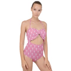 White And Pink Art-deco Pattern Scallop Top Cut Out Swimsuit by Dushan