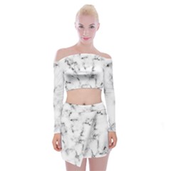 White Faux Marble Texture  Off Shoulder Top With Mini Skirt Set by Dushan