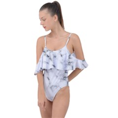 White Faux Marble Texture  Drape Piece Swimsuit by Dushan