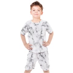 White Faux Marble Texture  Kids  Tee And Shorts Set by Dushan