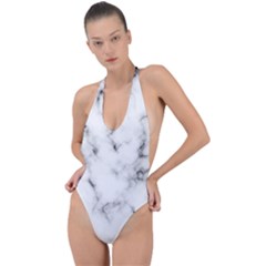 White Faux Marble Texture  Backless Halter One Piece Swimsuit by Dushan