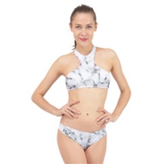 White Faux Marble Texture  High Neck Bikini Set by Dushan