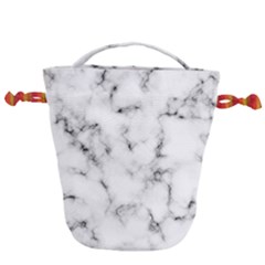 White Faux Marble Texture  Drawstring Bucket Bag by Dushan