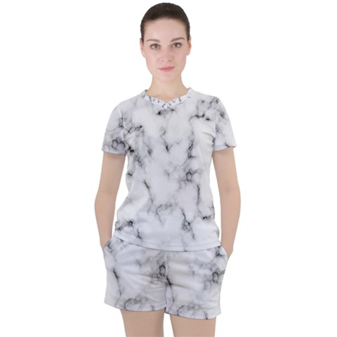 White Faux Marble Texture  Women s Tee And Shorts Set by Dushan
