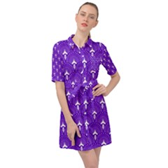 White And Purple Art-deco Pattern Belted Shirt Dress by Dushan