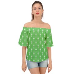 Green And White Art-deco Pattern Off Shoulder Short Sleeve Top by Dushan