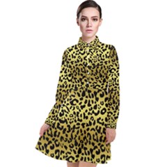 Gold And Black, Metallic Leopard Spots Pattern, Wild Cats Fur Long Sleeve Chiffon Shirt Dress by Casemiro