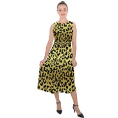 Gold And Black, Metallic Leopard Spots Pattern, Wild Cats Fur Midi Tie-back Chiffon Dress by Casemiro