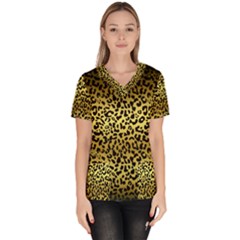 Gold And Black, Metallic Leopard Spots Pattern, Wild Cats Fur Women s V-neck Scrub Top by Casemiro