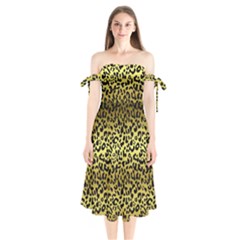 Gold And Black, Metallic Leopard Spots Pattern, Wild Cats Fur Shoulder Tie Bardot Midi Dress