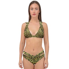 Gold And Black, Metallic Leopard Spots Pattern, Wild Cats Fur Double Strap Halter Bikini Set by Casemiro